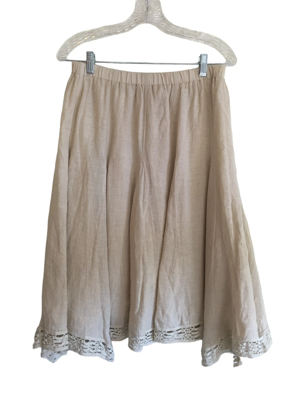 Russ Berens Skirt Medium Womens Size Beige Linen Stretch Lagenlook Lace Trim NEW
