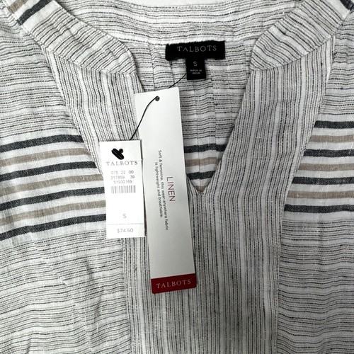 Talbots Pretty Beige White Blue Stripe Linen SL Blouse SMALL Lagenlook NWT - Picture 4 of 9