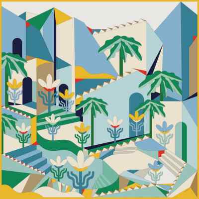Jessie Zhao Double Sided Wool Silk Scarf Of Tropical Breeze 35'' x 35''