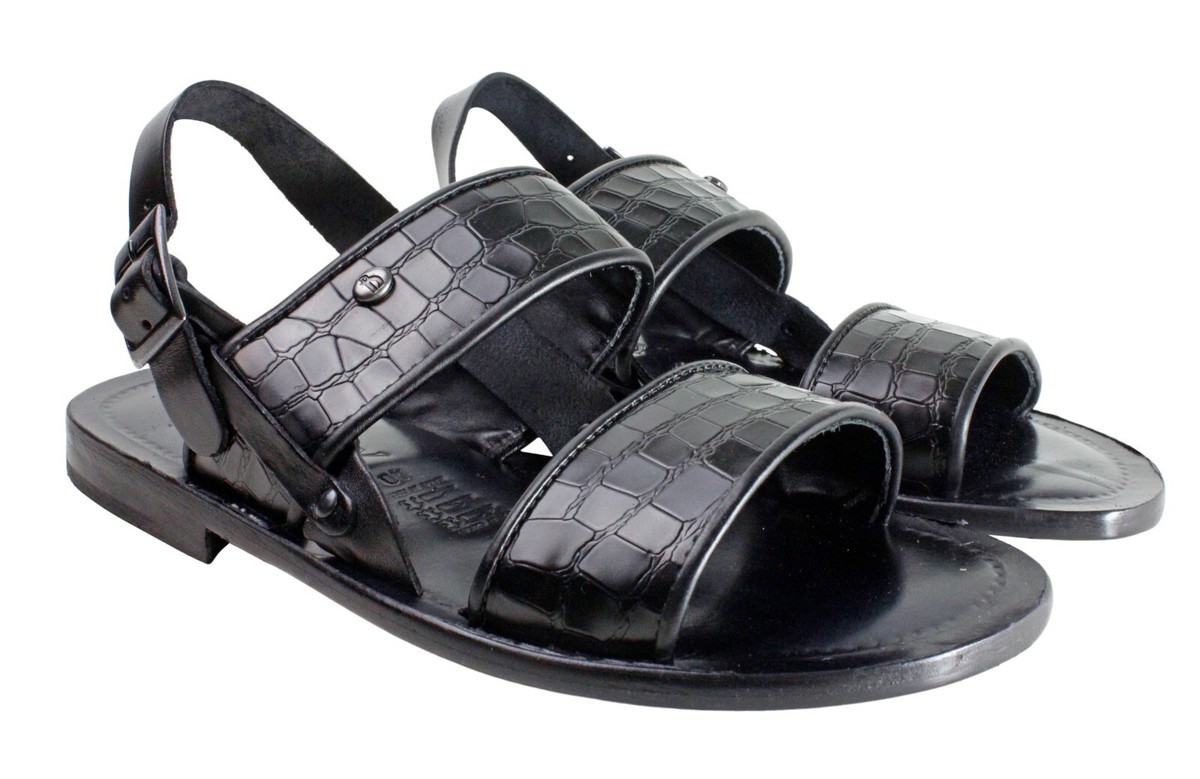 Leather Italian Sandals Mens Black Genuine Leather Strappy  display picture 1