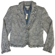 Harolds Blue White Woven Cotton Blend Blazer Fringed Jacket Lined Sz 8 Msrp $228