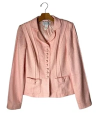 Saks Fifth Avenue Coat Women 6 Pink Tweed Collared Button Front Blazer Retro