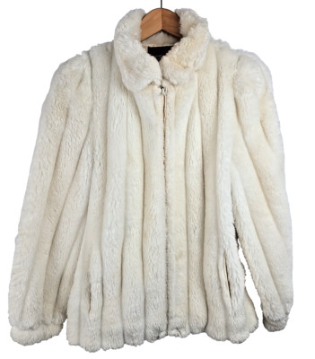 Jordache Women's Faux Fur Coat Full Zip Lined Long Sleeve Ivory Sz 9/10 Vintage