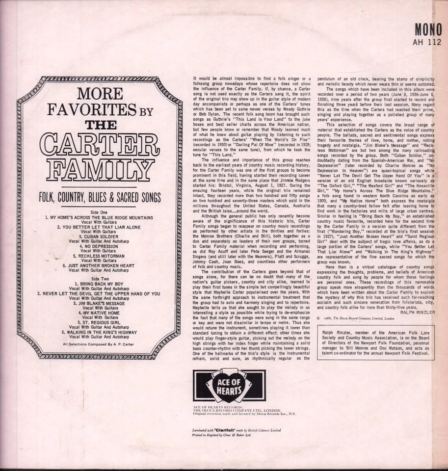 Carter Family Plus De Favoris Par LP Vinyle UK Ace Of Hearts Pressage Mono 1966 - Photo 2/3