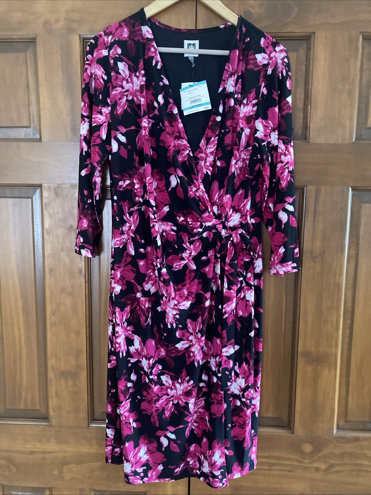 NWT Anne Klein Black Pink Floral Faux Wrap Dress Womens Size OX 16