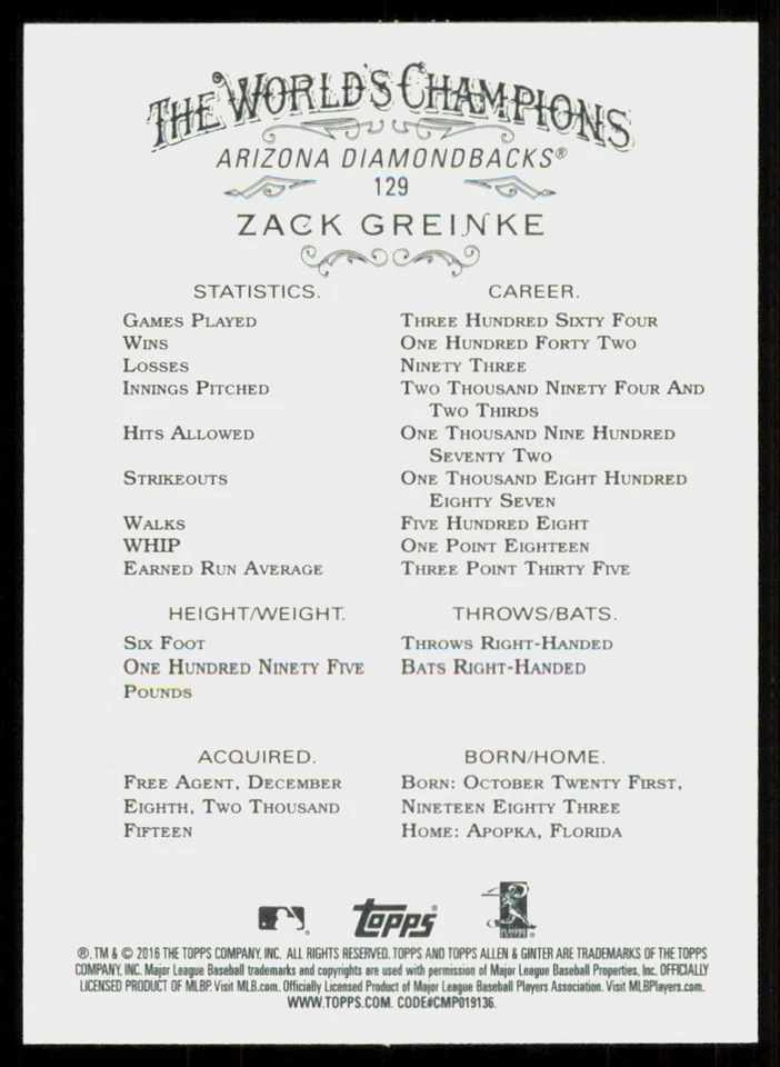 2016 Topps Allen & Ginter X Zack Greinke Arizona Diamondbacks #129 - Image 2 of 2