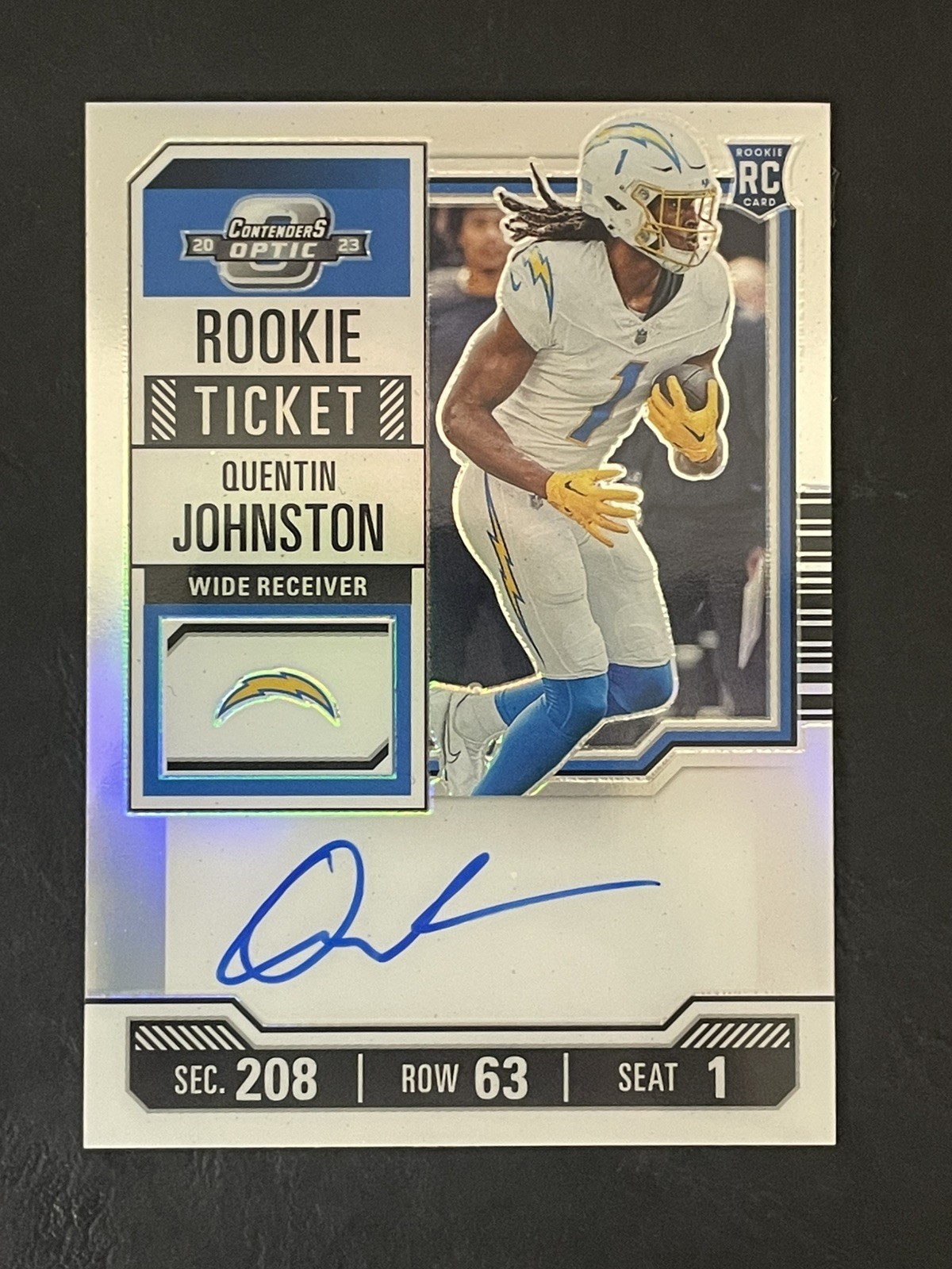 2023 Panini Contenders Quentin Johnston Optic Silver Auto (RC) #128 LA Chargers