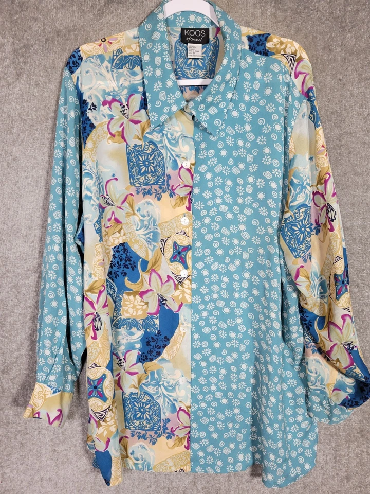 Blusa floral vintage Koos Of Course de seda manga larga con botones para mujer talla 2X Foto 4 de 4