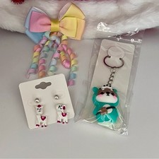 Handcrafted Alpaca Earrings, Hair Bow Barrette and Bear Keychain Set