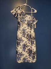 Eliza J One Shoulder Floral Chiffon Sheath Dress White Blue Size 12