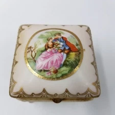 Antique Porcelain Jewelry Dish Hand Painted Victorian Young Lovers Footed