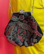 Vintage 1940s 50s Hand Beaded Evening Bag Black Bugle Bead Purse