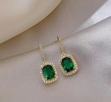 Green Gemstone Drop Earrings – Gold Frame – S925 Silver Post – Elegant Statement