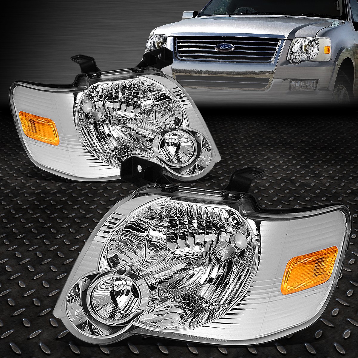 FOR 06-10 FORD EXPLORER SPORT TRAC CHROME HOUSING AMBER CORNER HEADLIGHT LAMPS