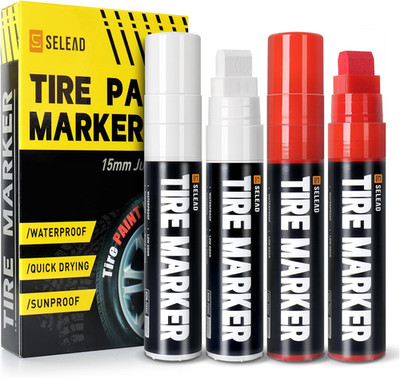 Jumbo Tire Marker White Red - 4 Pack 15Mm Wide Tip Paint Pens for Car