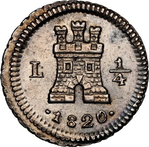 PERU, Lima, 1/4 real, Ferdinand VII, 1820, wide date, NGC MS 60 EMO Collection