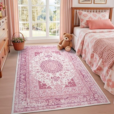 Bright Pink Area Rug for Girls Bedroom, 3x5 Soft Washable Rugs with Non-Slip ...
