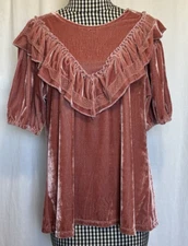 POL Bohemian Velvet Ruffle Lace Size M Button Back Blouse Top