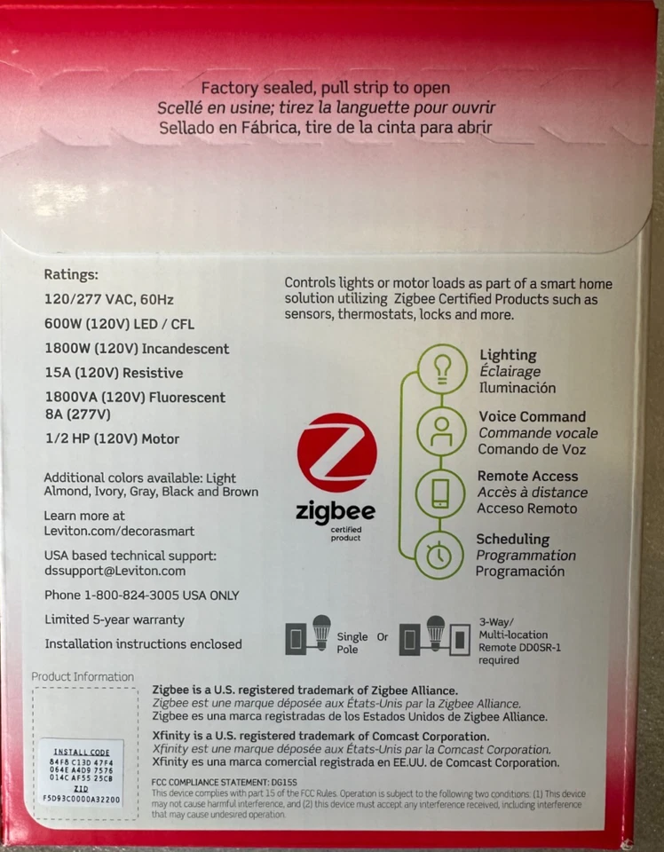 Leviton DG15S-1BW - Interruptor inteligente Decora, certificado Zigbee, blanco - Lote de 10 Foto 3 de 4