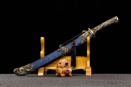 Kungfu Sword Chinese Qing Dynasty Ox-tailed Dao Dragon Broadsword Blue Blade - Picture 10 of 10