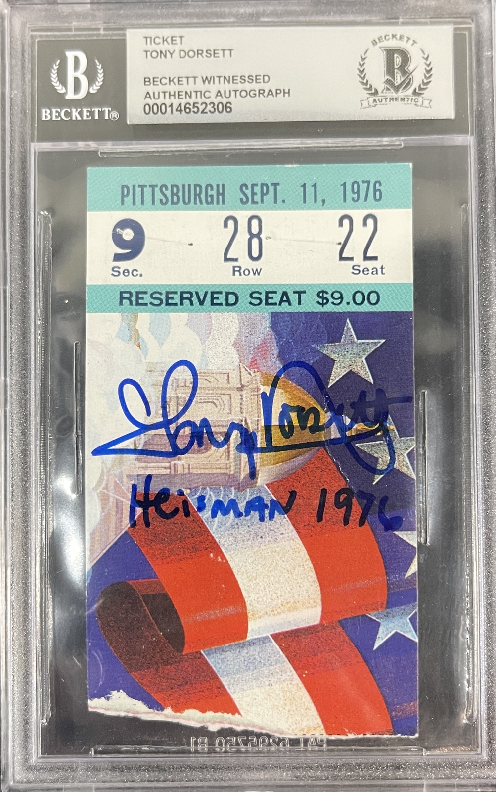 Tony Dorsett Autographed Signed Pittsburgh Panthers Ticket 9/11/76 Vs Nd Beckett Slab 39470 