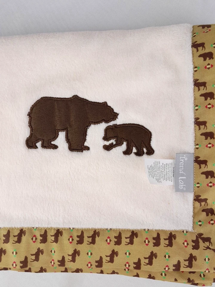 Baby Blanket Trend Lab Beige Brown Bear  30X40 Moose Ribbon Trim Woodland Theme - Image 3 of 4