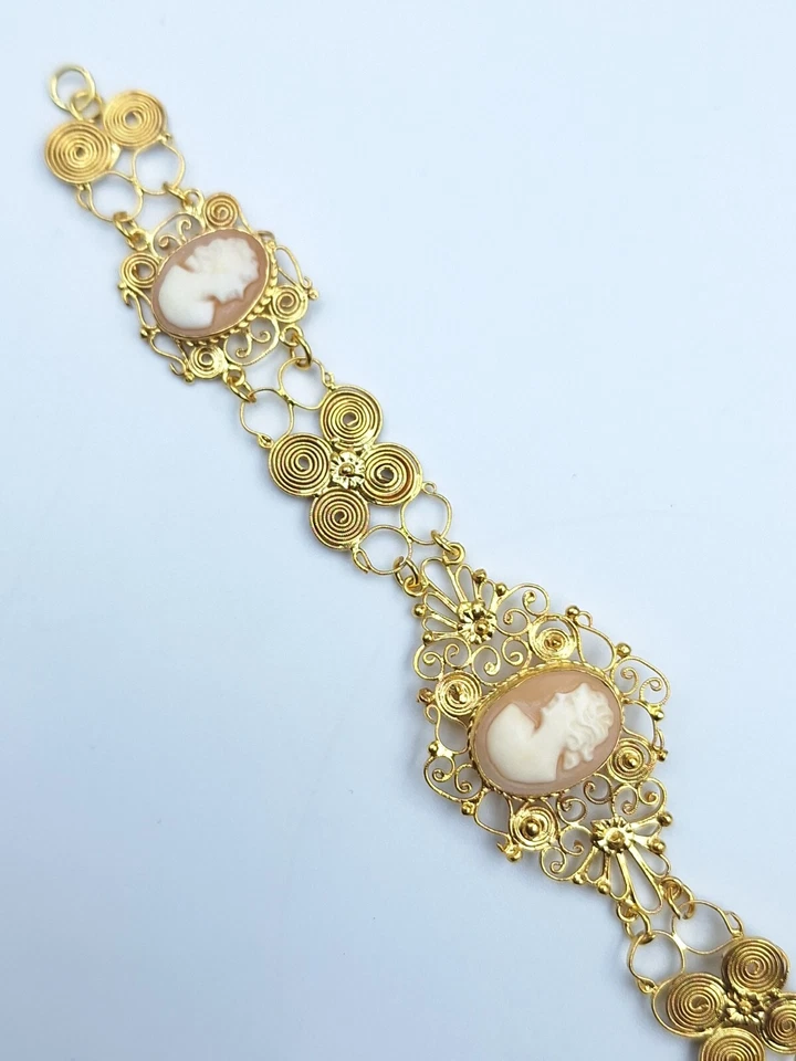 Bracciale cammeo conchiglia stile Vittoriano Argento 925 Oro 18 Kt Vintage Cameo - Immagine 3 di 4