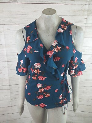 NWT SOPHIE RUE Size Medium Teal  Floral Cold Shoulder Ruffle Wrap Nordstrom Rack