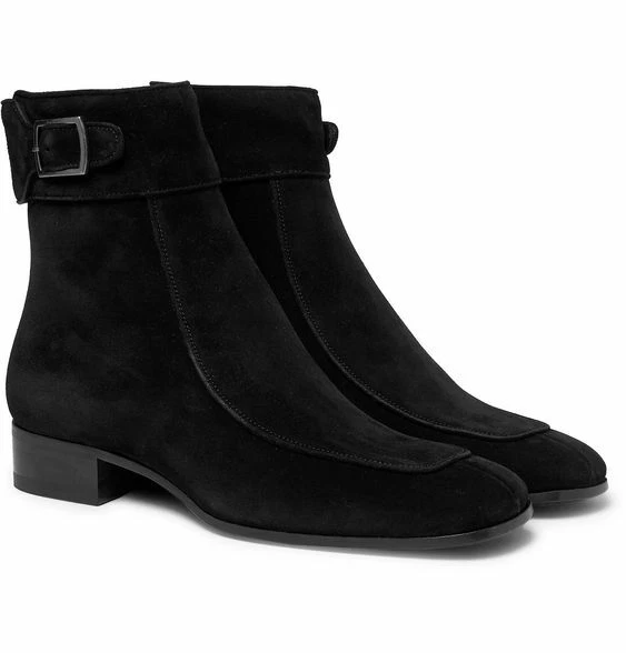 Bota de gamuza negra hecha a mano para hombre, bota Chelsea con correa de monje para hombre, bota con cremallera para hombre Foto 2 de 4