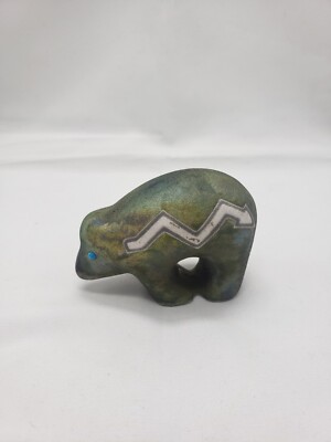 Jeremy J Diller RAKU Pottery Iridescent Bear Signed Zuni Turquoise Eye Figure