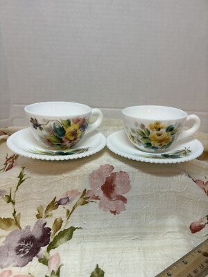 VTG Westmoreland Beaded 4 Piece Set Milk Glass Hand Painted Granny Core