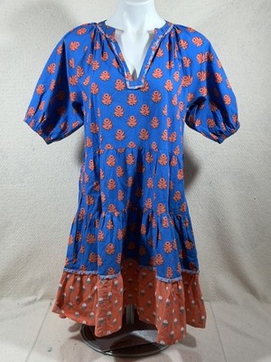 Printfresh Womens XS Blue Pink Block Print Mini Dress Boho Cottagecore NWT