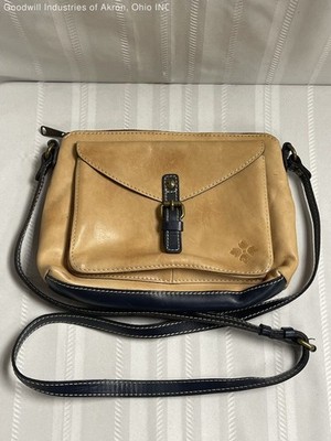 Patricia Nash Tan and Navy Leather Buckle Front Crossbody Bag Small