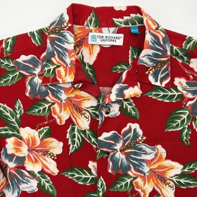 Tori Richard Shirt Men Medium Red Hibiscus Floral Hawaiian Aloha Button Down