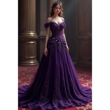 Victorian Purple Dress Lace Appliques Off Shoulder Ruched A-Line Gothic Wedding