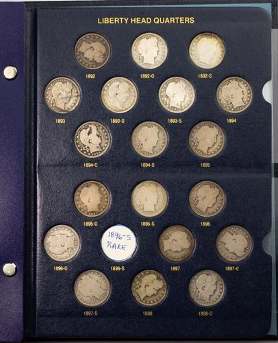 1892-1916 Barber Liberty Head Quarter Set – 71 Coins – Near Complete Whitman