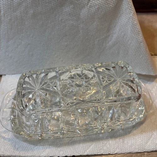 Vintage Anchor Hocking Glass Covered Butter Dish Star of David