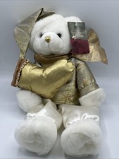 Dan Dee Vintage White Holiday Teddy Bear Plush Gold Outfit Stocking Shelf Sitter