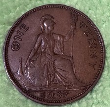 1937 U.S. Great Britain King George VI One Penny Coin Circulated
