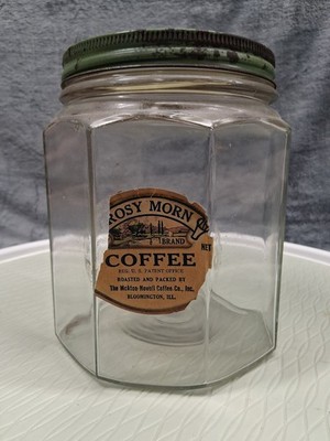 Vtg Rosy Morn Coffee Glass Store Display Jar Canister w/ Original Label/Lid ILL.