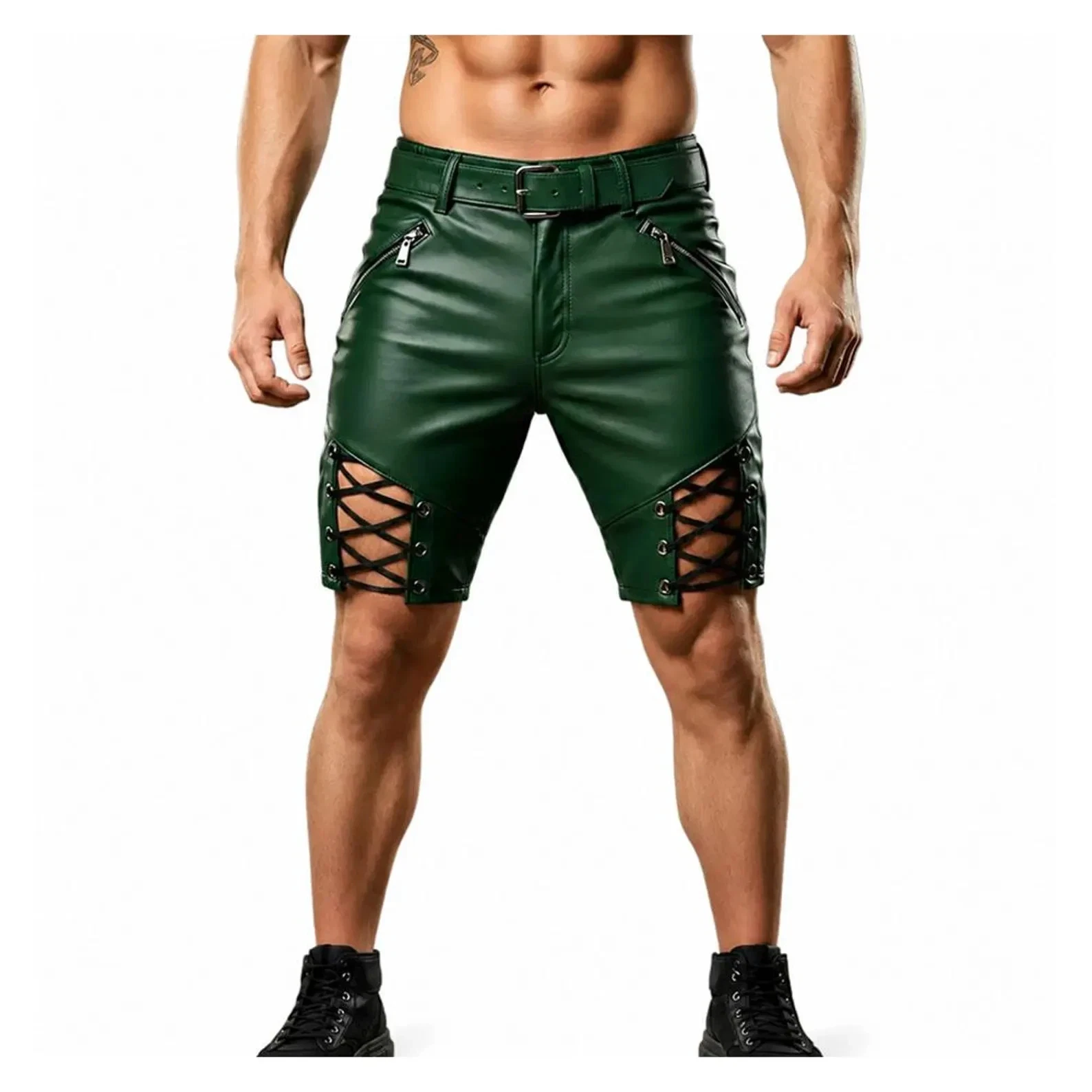 Men’s Green Lambskin Leather Lace-Up Shorts – Gothic Punk Biker Festival Shorts