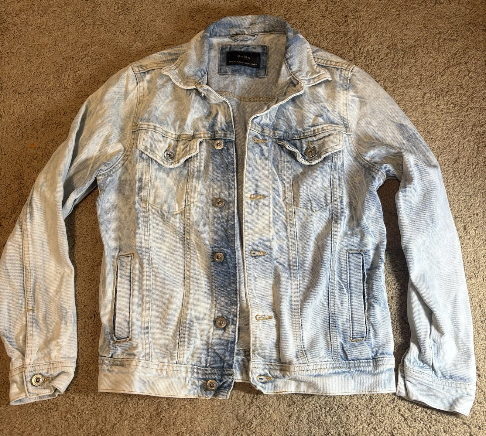 Zara Man Jacket Men's Small Light Blue Acid Wash Distressed Denim 80's