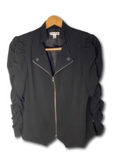 Size Large Fully Lined Zip up Black Blazer Jacket w Gathered Sleeves  Open Neck