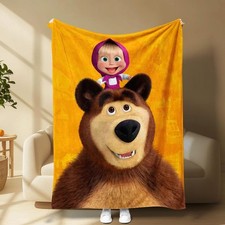Masha and the Bear Cartoon Flannel Blanket with Bright Yellow Background, Ultra