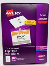 Avery 74541 Clip Name Badges - 100 Qty with White Inserts. New Box