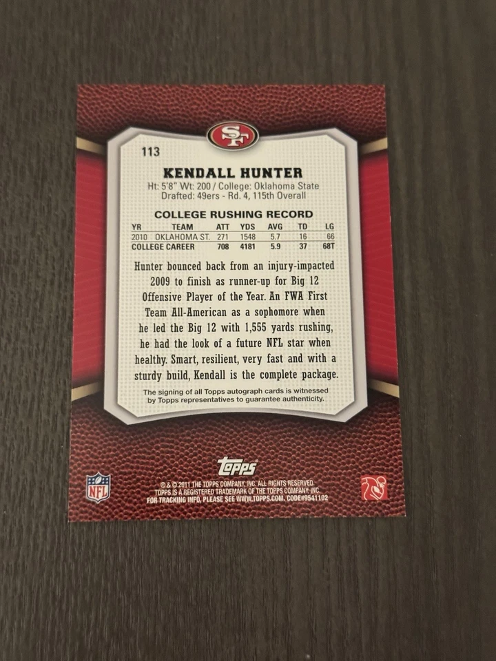 2011 Topps Rising Rookies Autographs Insert #113 KENDALL HUNTER Auto ROOKIE RC - Image 2 of 2