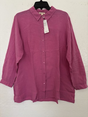 Eileen Fisher Handkerchief Linen Classic Collar Shirt Tulip Pink L NWT $168 - Picture 1 of 12