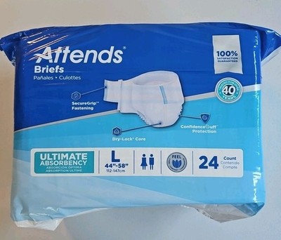New ATTENDS Briefs 24 Count Adult Diaper L Large Unisex Ultimate Absorbency