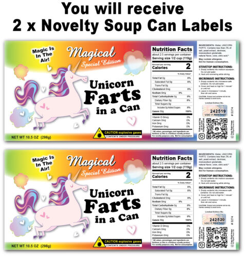 2x Funny Unicorn Farts Soup Can Labels - Joke Gag Gift - Birthday Party Favor - Picture 2 of 3