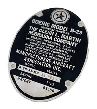 WWII USAF ENOLA GAY B-29 Superfortress Bomber metal Data Plate  Hiroshima plane.